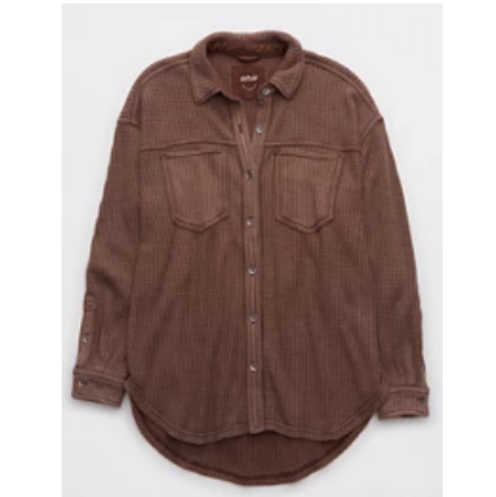 Aerie Anytime Fave Waffle Shacket Button Down Shirt Dark Brown Size Medium